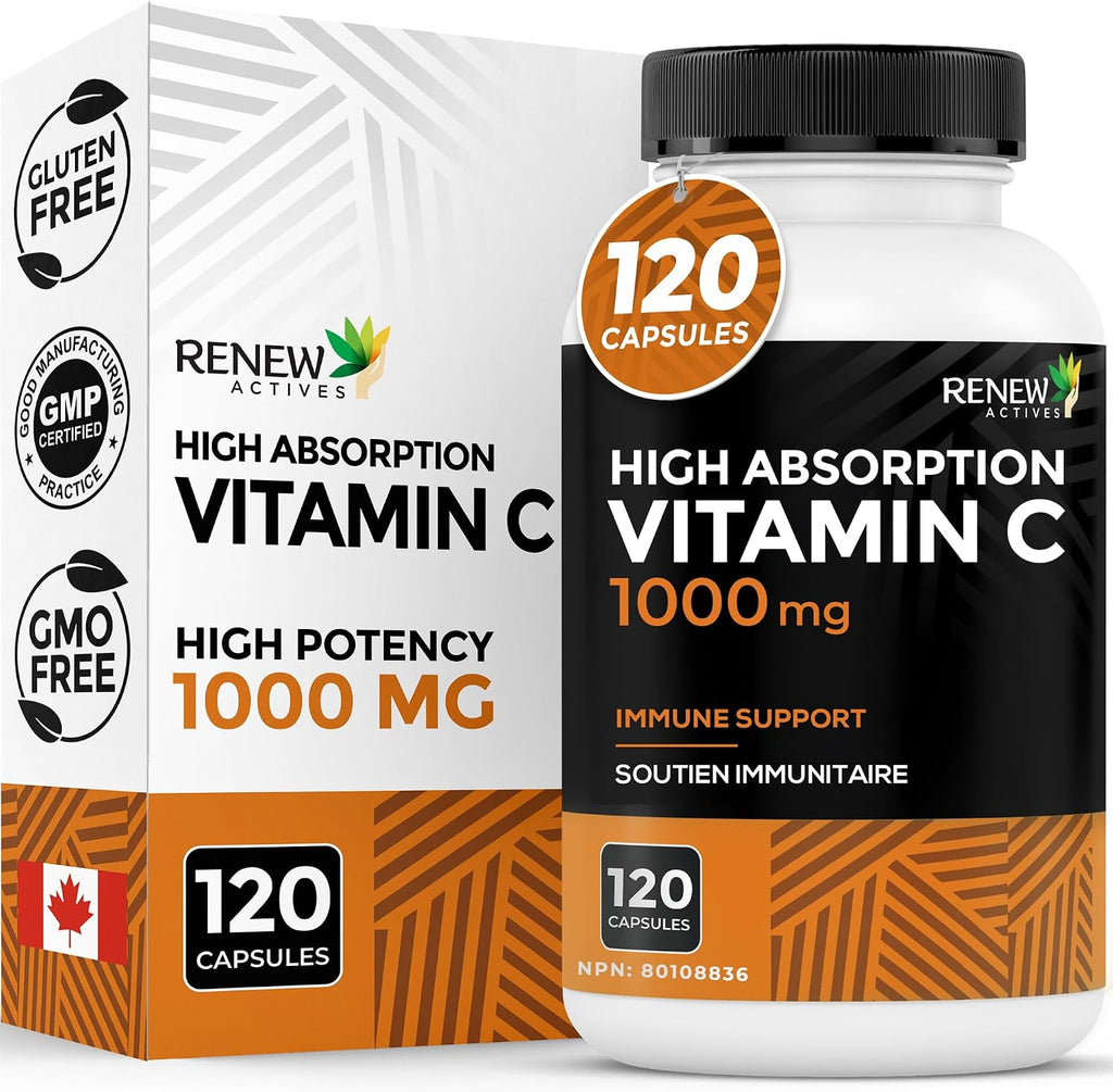 RENEW ACTIVES Maximum Strength Vitamina C 1000 mg por ración – Antioxidante y Refuerzo Inmunitario – No-GMO, Sin Azúcar, 120 Cápsulas – Hecho en Canadá
