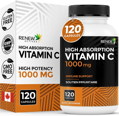RENEW ACTIVES Maximum Strength Vitamina C 1000 mg por ración – Antioxidante y Refuerzo Inmunitario – No-GMO, Sin Azúcar, 120 – Image 1