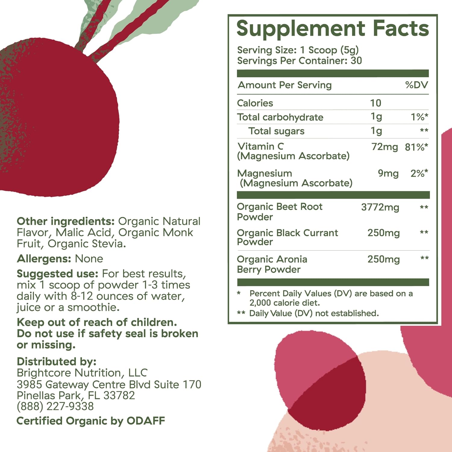 Brightcore Nutrition BrightBeets Polvo de Remolacha, Sabor Manzana Roja, 150 Gramos, 30 Porciones