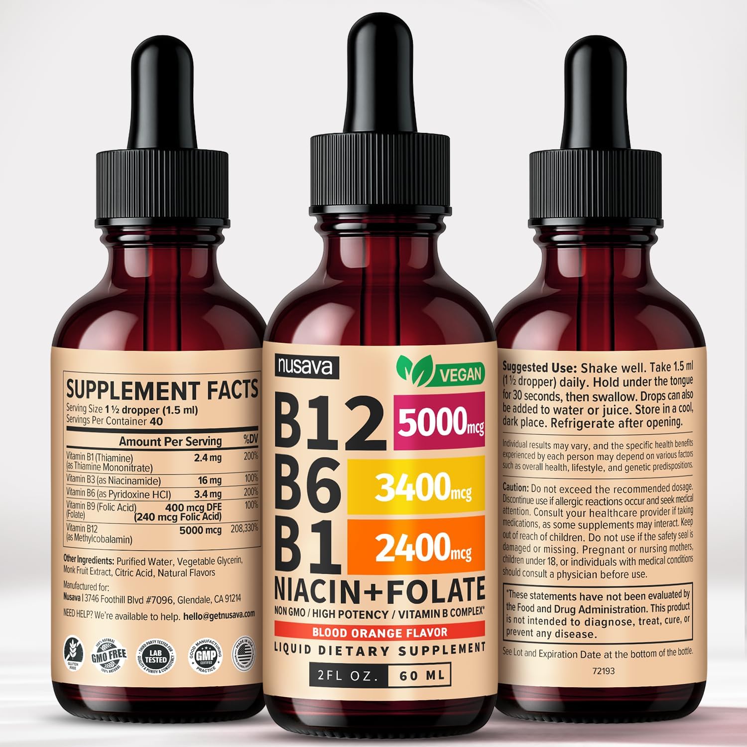 NUSAVA (2 Pack) Gotas Líquidas de Vitamina B12 5000mcg - Sublingual con B6 y Complejo B - Metilcobalamina para Mujeres y Hombres - Suplemento Vegano, Sin OGM, Sabor Naranja Carmesí (2 Fl Oz, 80 Servicios)