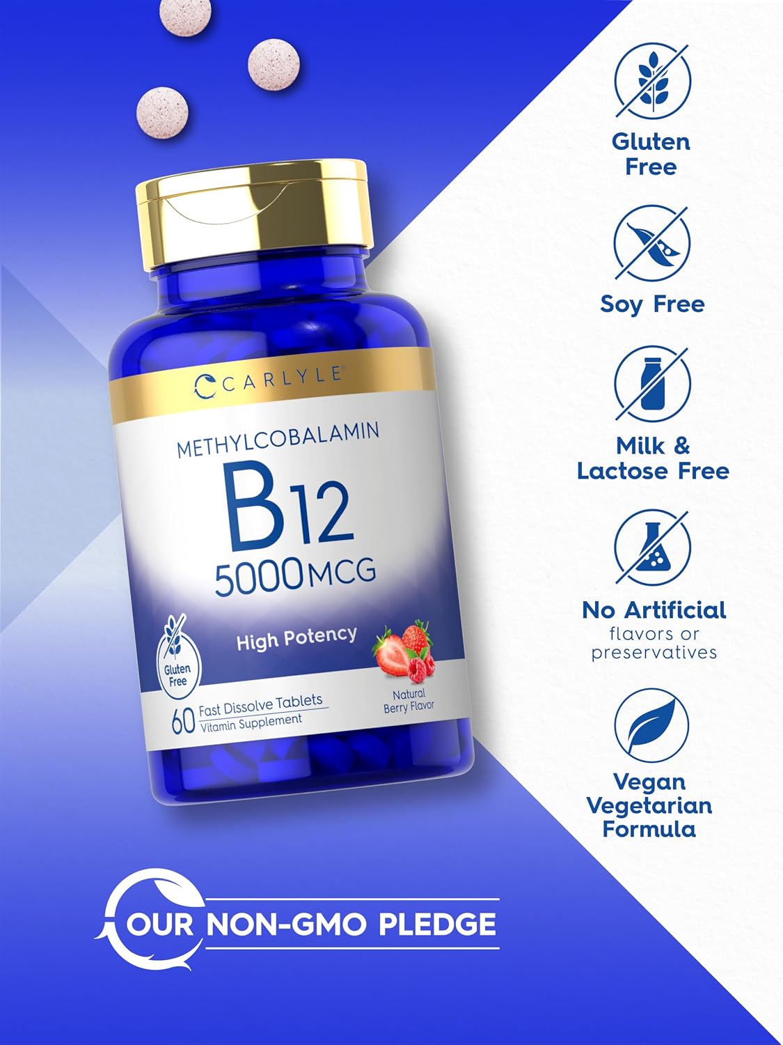 Carlyle Metilcobalamina Vitamina B12 5000mcg | 60 Comprimidos de Disolución Rápida | para Adultos | Vegetariano, Sin Gluten y No-GMO
