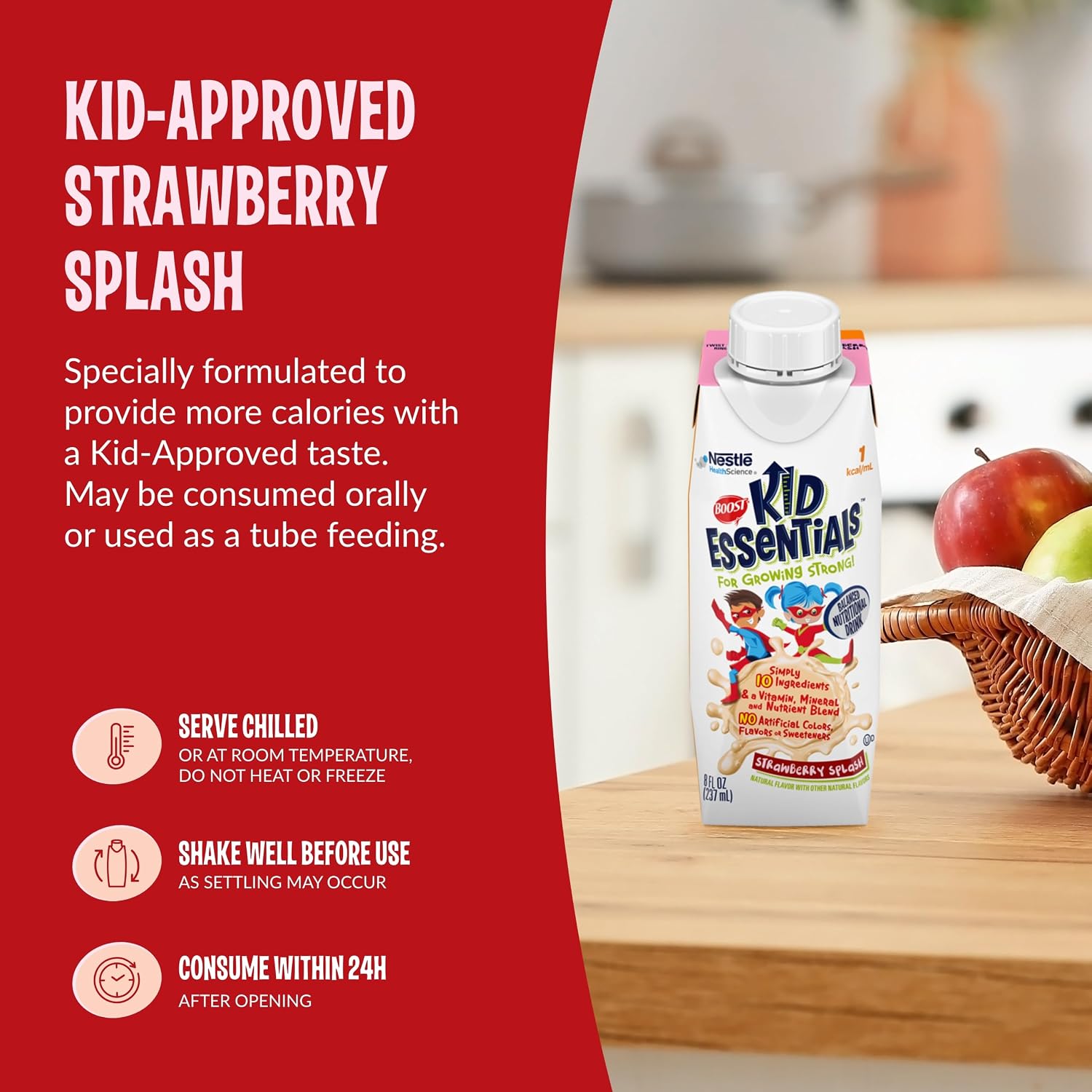 BOOST Kid Essentials 1.0kcal Bebida Nutricional Equilibrada para Niños, Sabor Fresa, 8 fl oz (Pack de 24)