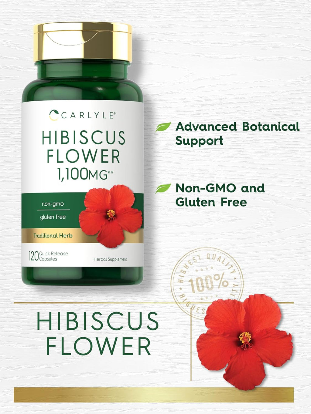 Carlyle Extracto de Flor de Hibisco | 120 Cápsulas | No Transgénico, Sin Gluten