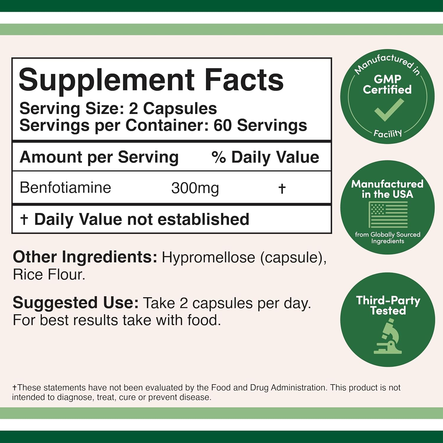 Benfotiamina 300mg por dosis (120 cápsulas, 150mg por cápsula) - No Transgénico, Sin Gluten, Vegano - Double Wood