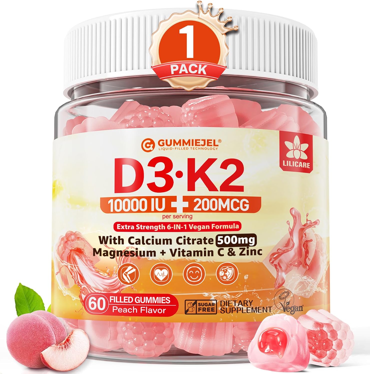LILICARE Gummies de Vitamina D3 y K2 5000IU/10000IU con Calcio, Magnesio, Vitamina C y Zinc - Pack de 2