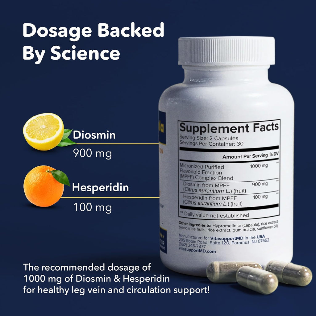 Vein Formula Diosmin Hesperidin 1000mg - Complejo de Bioflavonoides Micronizados para la Circulación y el Soporte Venoso, 60 Cápsulas