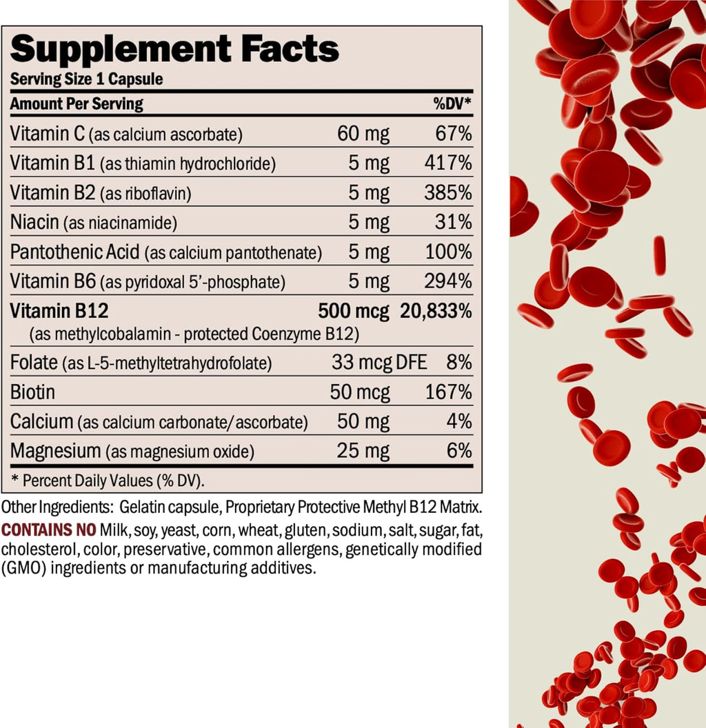 ANDREW LESSMAN Vitamina B12 500 mcg - 180 Cápsulas - Metilcobalamina Natural con Complejo B