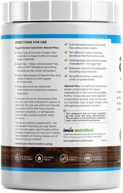 Absorb Plus Isolate Protein - Suplemento proteico semielemental con vitaminas y minerales (1 kg, Chocolate sin endulzar) – Image 2