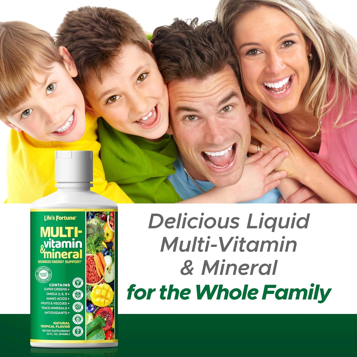 Life's Fortune Multivitamínico Líquido para Adultos y Mayores – 90+ Nutrientes, Sabor Tropical, 946 ml