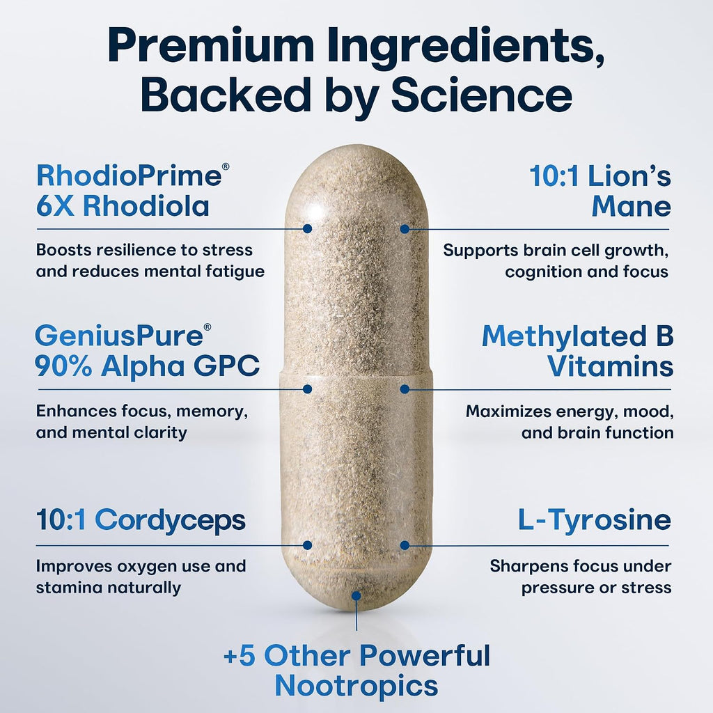 CRTX Nutrition Focus - Suplemento Nootrópico con AlphaGPC, Lion's Mane, Rhodiola - 90 Cápsulas