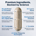 CRTX Nutrition Focus - Suplemento Nootrópico con AlphaGPC, Lion's Mane, Rhodiola - 90 Cápsulas