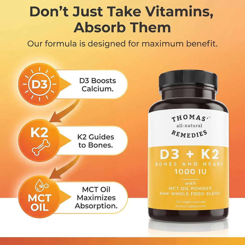 Thomas' all-natural Remedies D3 + K2 con MCT Oil y Mezcla de Alimentos Integrales, 1000 UI D3, Vegano, 120 Cápsulas