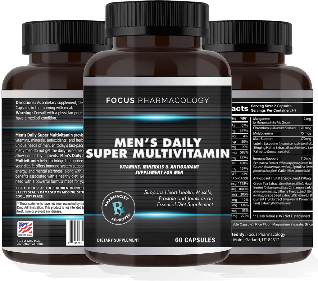 Focus Pharmacology Men's Daily Super Multi-Vitamin para Hombres - 60 Cápsulas