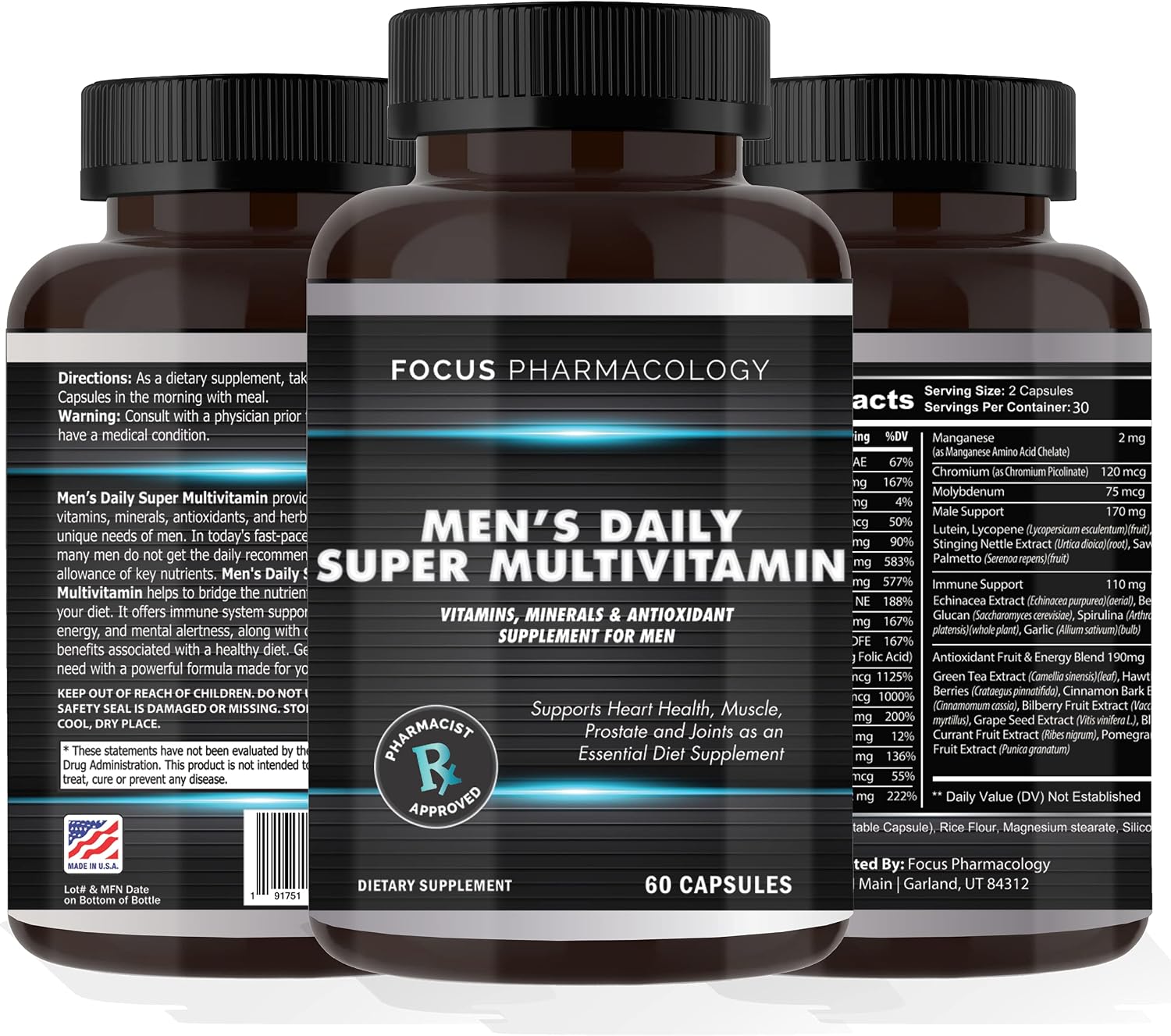 Focus Pharmacology Men's Daily Super Multi-Vitamin para Hombres - 60 Cápsulas