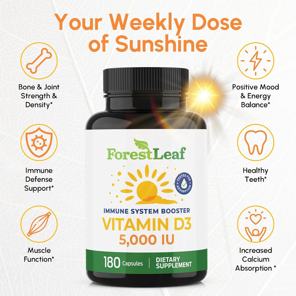 ForestLeaf Vitamina D3 5000 UI - 180 Cápsulas - Apoyo para Huesos, Dientes e Inmunidad