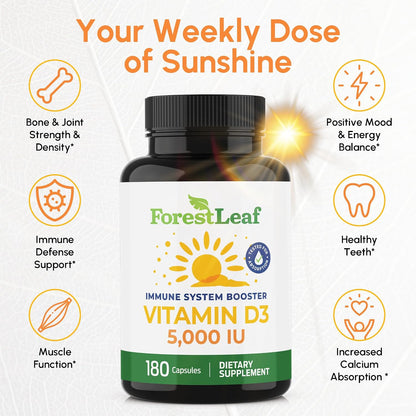 ForestLeaf Vitamina D3 5000 UI - 180 – Función muscular: Contribuye al funcionamiento normal de los músculos, lo – Image 2