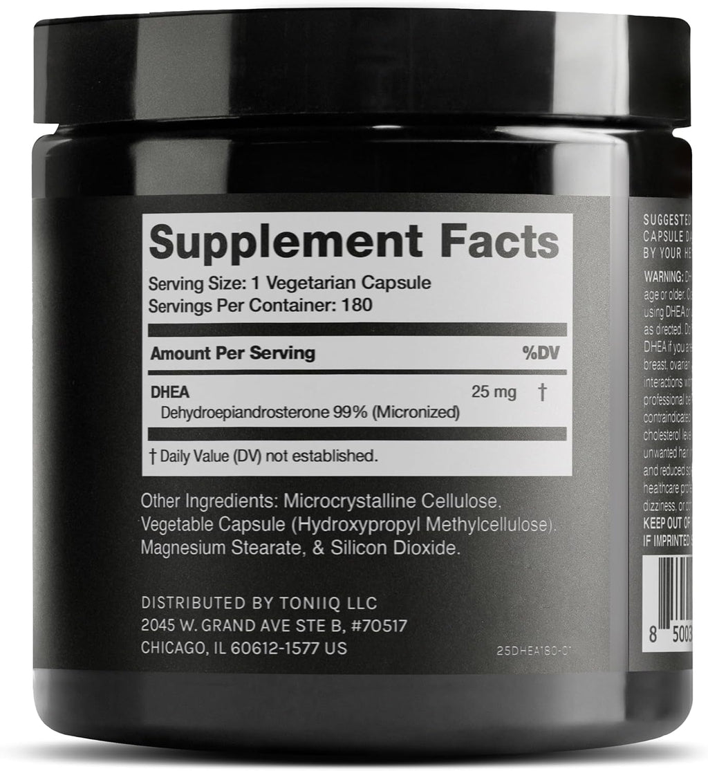 Toniiq DHEA 25mg - Suplemento de DHEA de Alta Pureza (99%+) - 180 Cápsulas