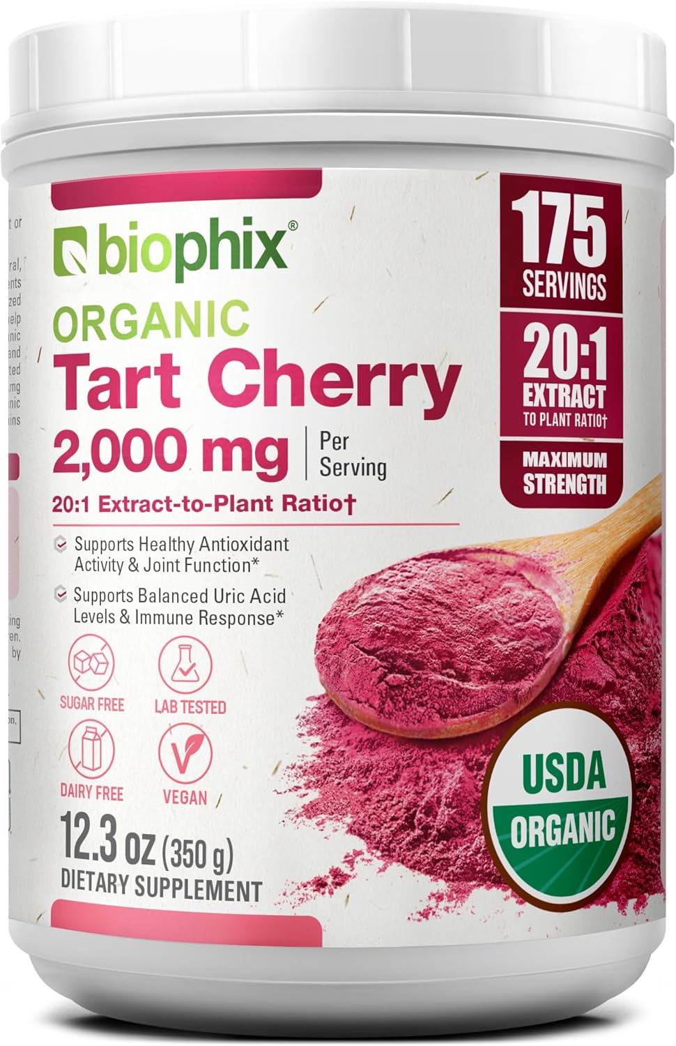 biophix Polvo de Cereza Ácida Orgánica Extracto 20:1 - 350 g (12.3 oz) - Superalimento Natural - Sin Azúcar Añadido - Vegano