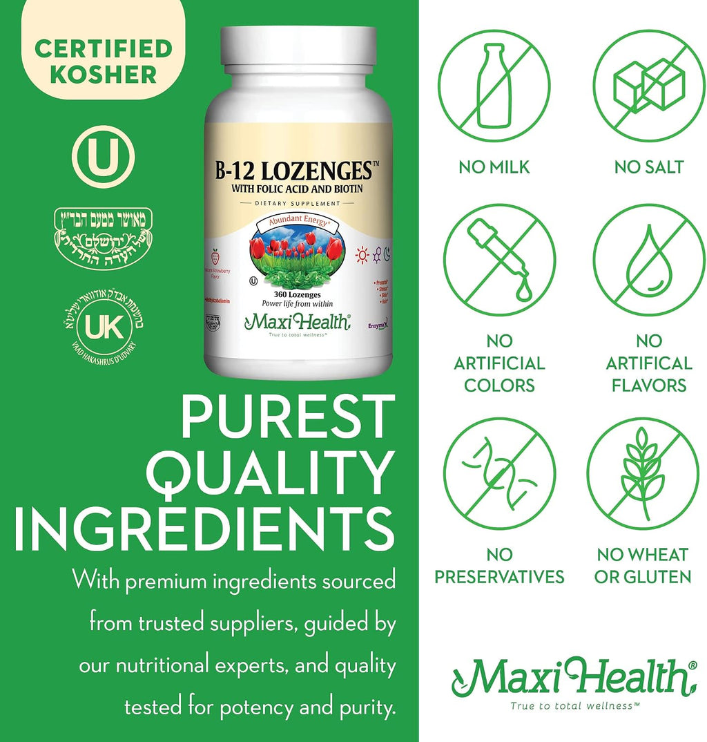 Maxi Health Vitamina B12 con Ácido Fólico y Biotina - 360 Comprimidos Sublinguales Sabor Fresa