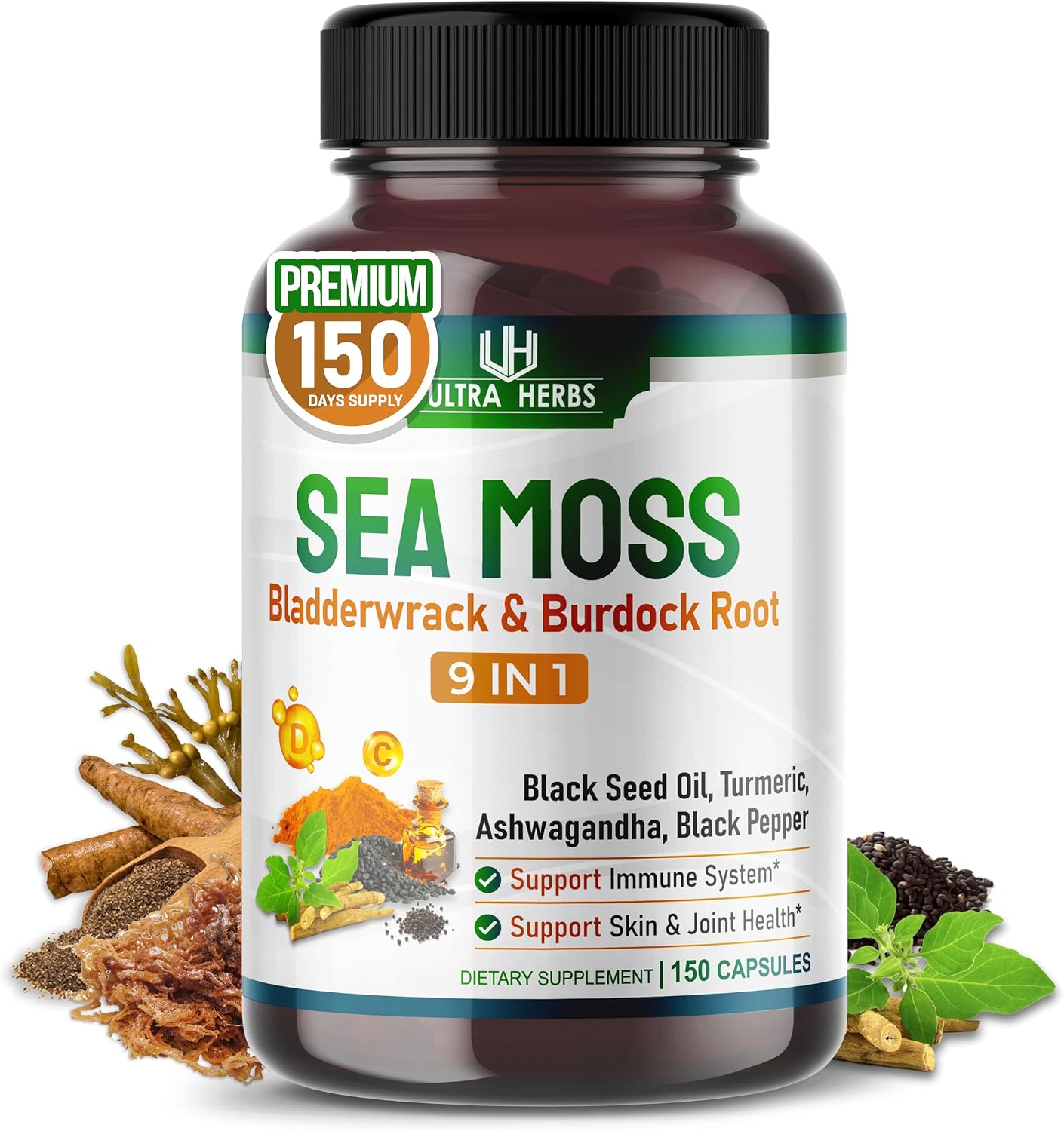 Ultra Herbs Cápsulas de Sea Moss con Aceite de Nigella, Ashwagandha, Vitamina D3 y C | 12 en 1 | Apoyo Inmunológico | 150 Cápsulas | Sin Gluten | No GMO