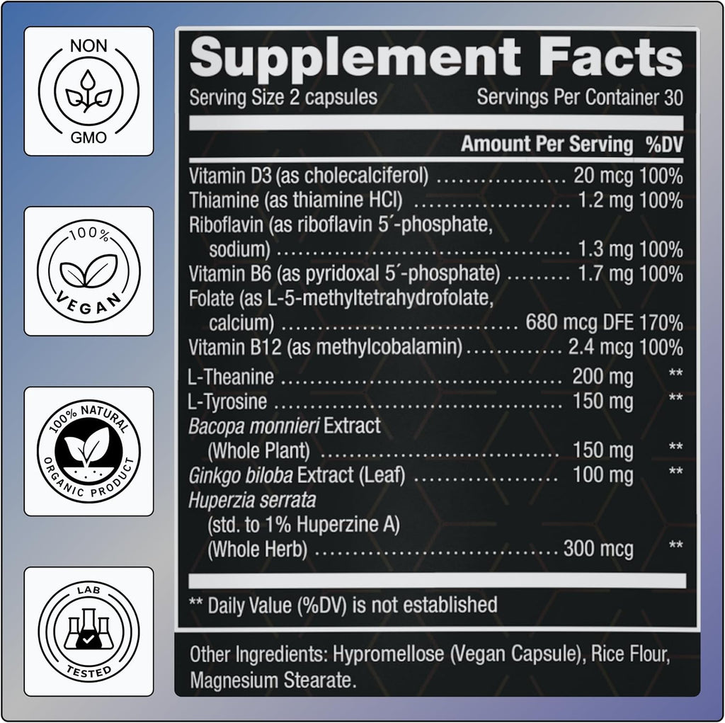 Complejo B Metilado 11-en-1: 680mcg L-Metilfolato (5-MTHF), Tiamina (B1), Riboflavina (B2), Piridoxal (B6), Metilcobalamina (B12) - Vitamina D3 + Nootrópicos - 1,100mg+ por ración - 60 Cápsulas