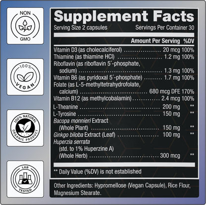 Complejo B Metilado 11-en-1: 680mcg L-Metilfolato (5-MTHF), Tiamina (B1), Riboflavina (B2), Piridoxal (B6), Metilcobalamina (B12) - Vitamina D3 + Nootrópicos - 1,100mg+ por ración - 60 Cápsulas