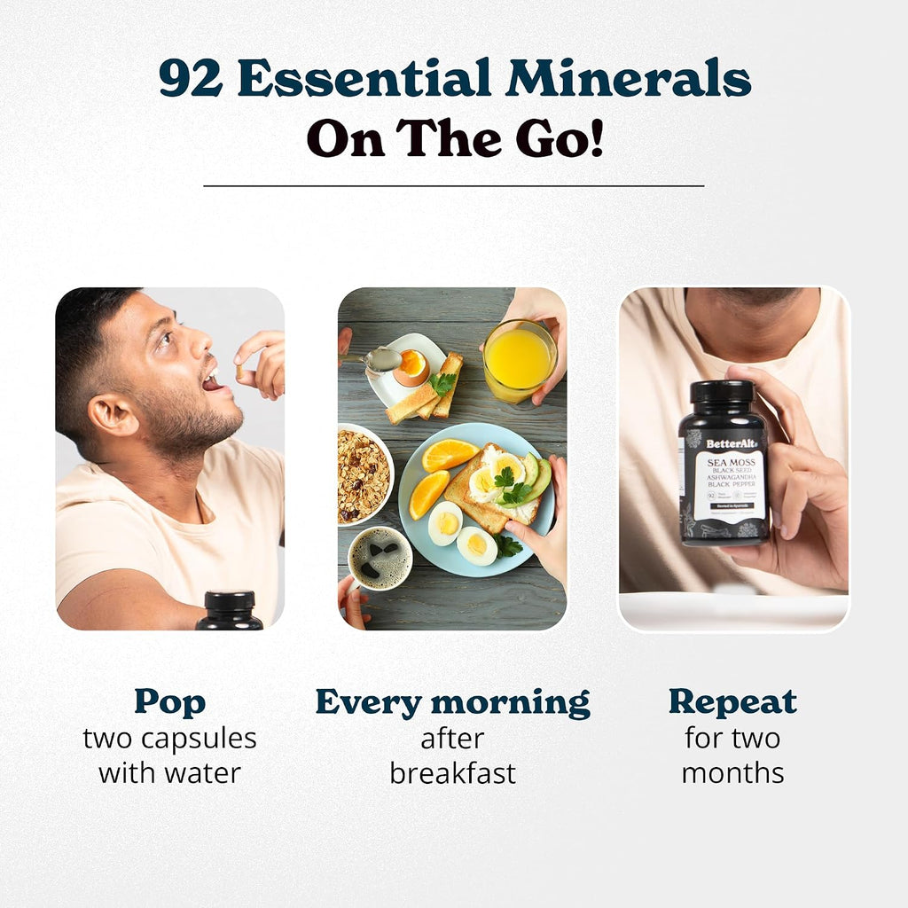 Better Alt Complejo de Sea Moss, Aceite de Semilla Negra, Ashwagandha, Bardana y Bladderwrack con Vitamina C y Pimienta Negra | 120 Cápsulas