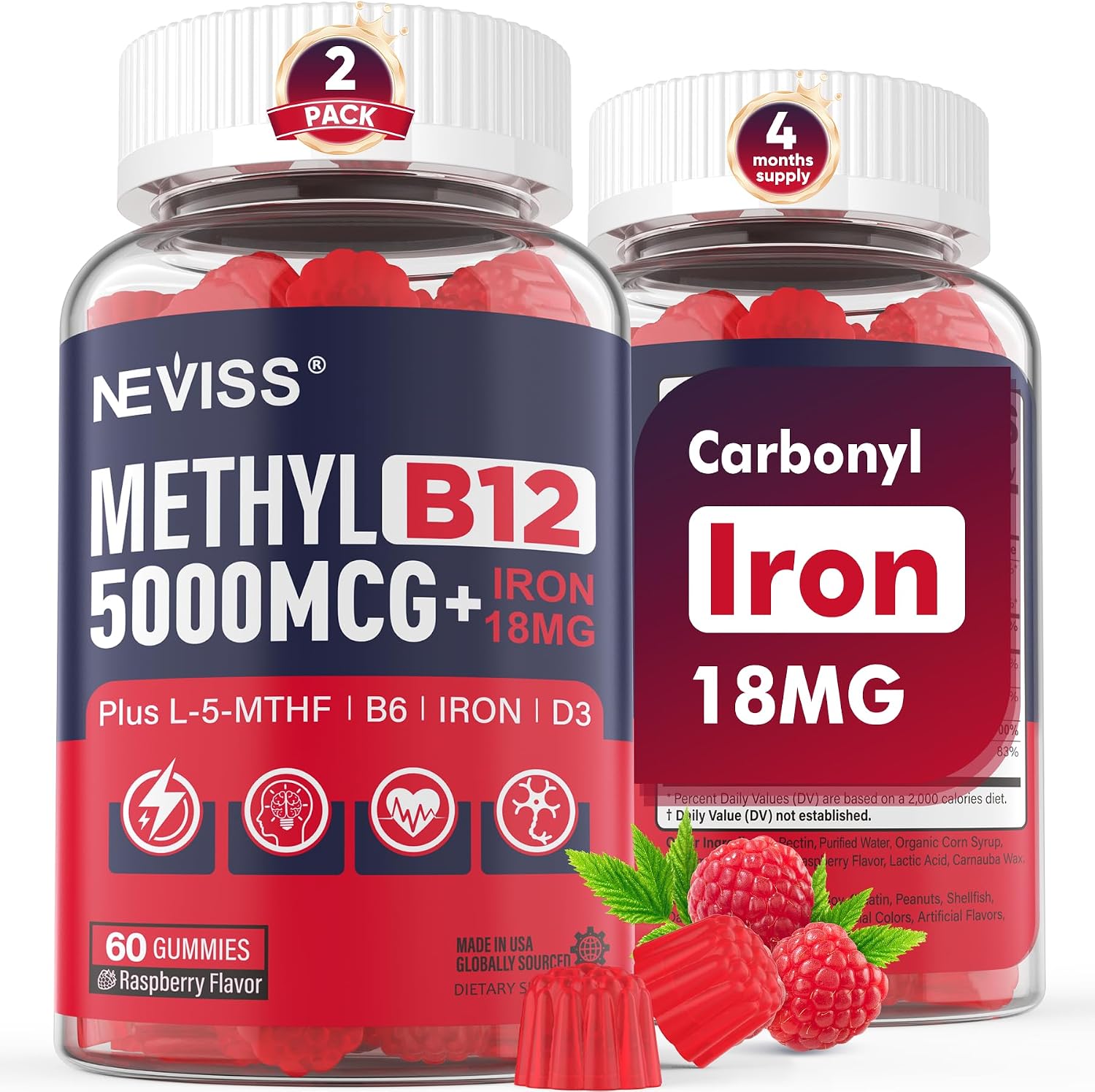 NEVISS Gominolas de Vitamina B12 Metilada 5000mcg con L-Metilfolato, Hierro, B6 y D3 - 2 Envases
