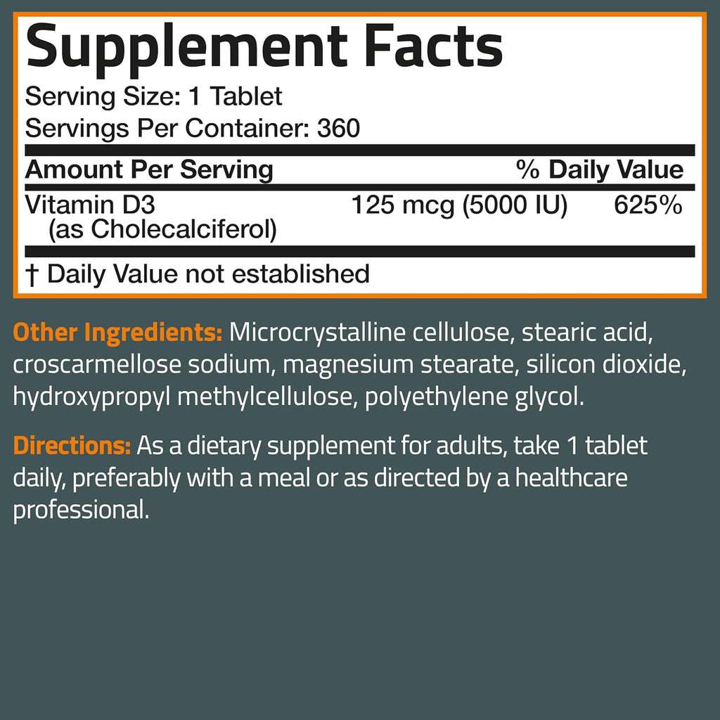 Bronson Vitamina D3 5000 UI (125 mcg) - 360 Comprimidos - No Transgénico, Sin Gluten, Sin Soja