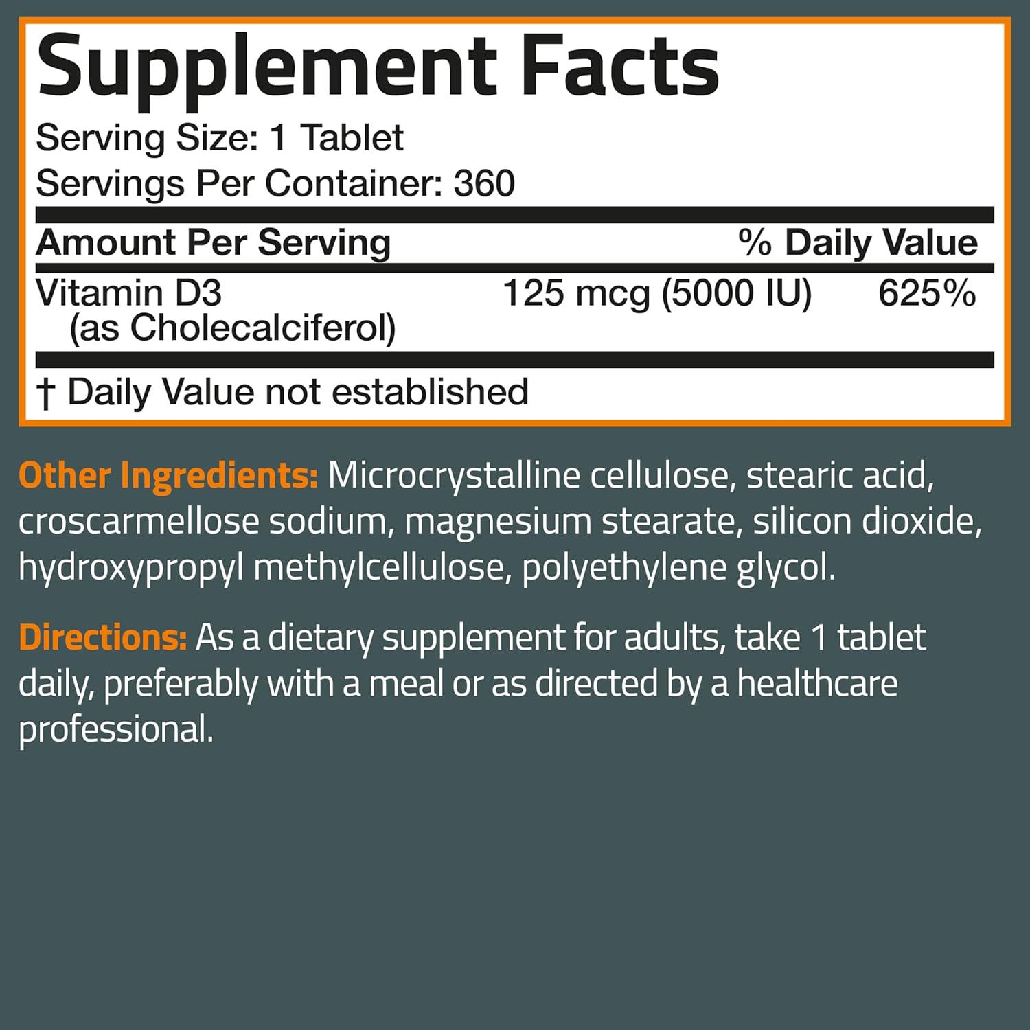 Bronson Vitamina D3 5000 UI (125 mcg) - 360 Comprimidos - No Transgénico, Sin Gluten, Sin Soja