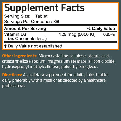 Bronson Vitamina D3 5000 UI (125 mcg) - 360 Comprimidos - No Transgénico, Sin Gluten, Sin Soja – Image 8