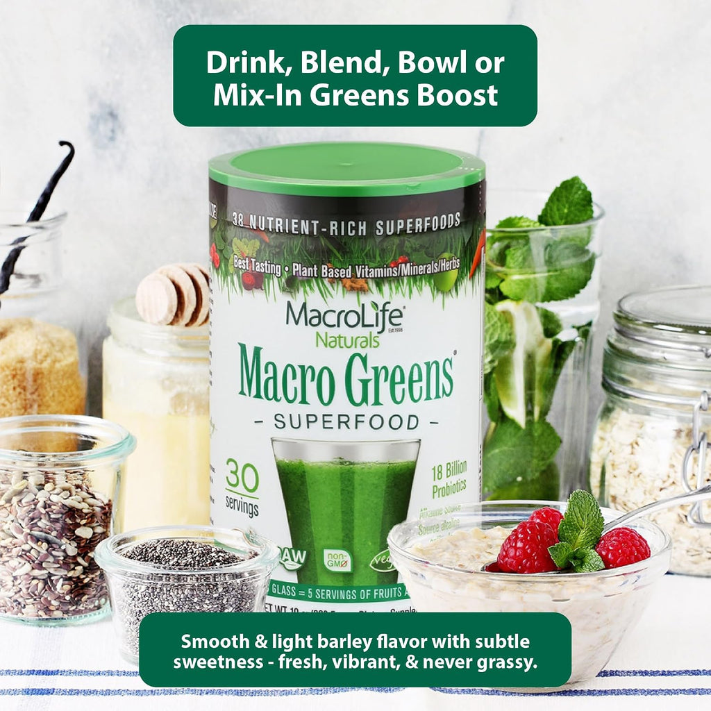 Macro Greens Superfood Powder – 38 Superalimentos con Probióticos, Enzimas y Adaptógenos | 18B UFC | 283 g (30 dosis)