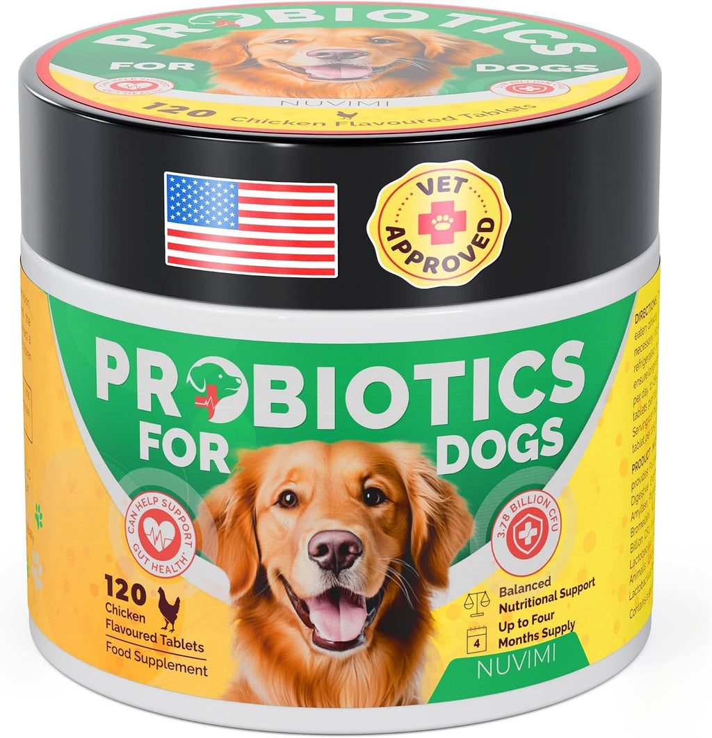 NUVIMI Probióticos para Perros con Prebióticos - 120 Comprimidos Sabor Pollo
