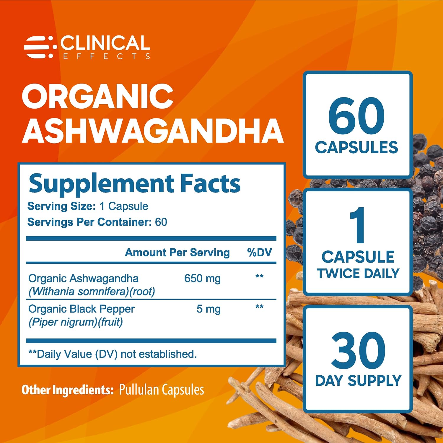 Clinical Effects Ashwagandha con Pimienta Negra - 60 Cápsulas para Vitalidad y Calma
