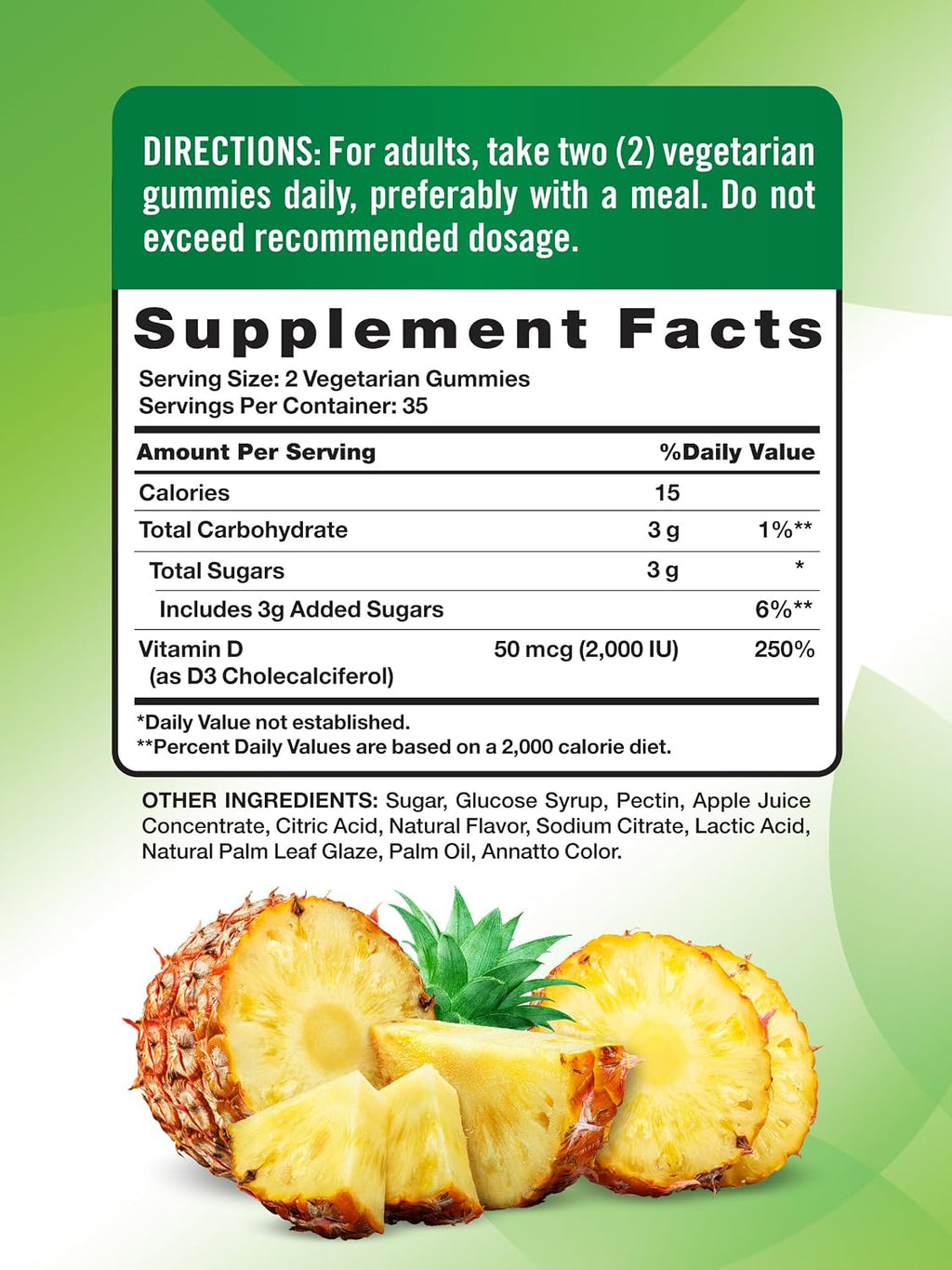 Nature's Truth Gominolas de Vitamina D3 | 2000 UI | 70 Gomitas | Sabor Piña | Vegetarianas, Sin Gluten y No GMO