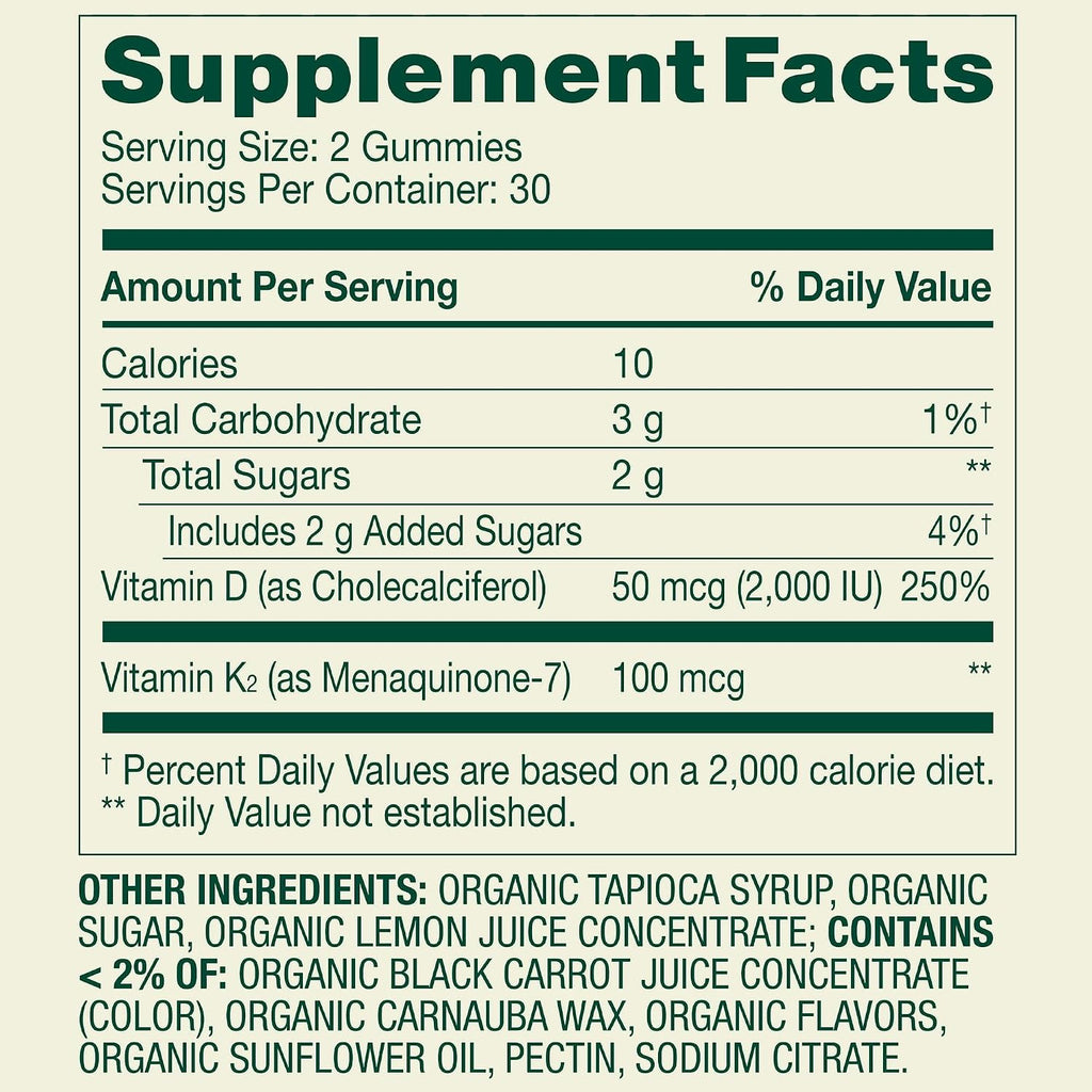 Vitamina D3 y K2 Gominolas 2000 UI + 100 mcg - 60 Gominolas Vegetarianas