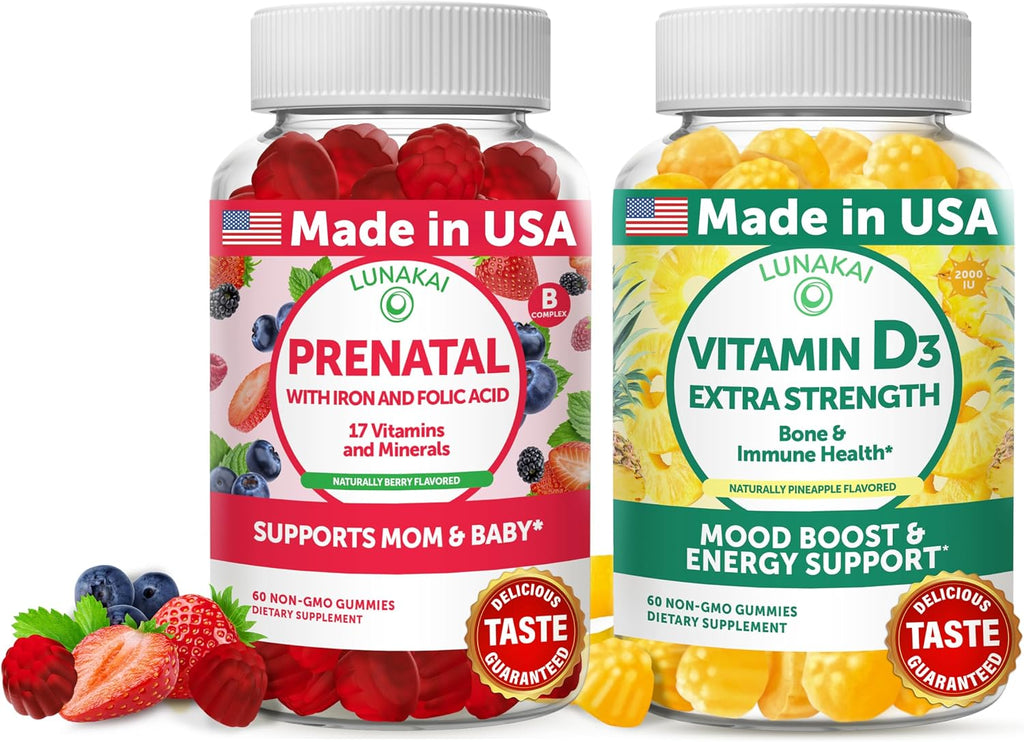 Lunakai 17-in-1 Gummies Prenatales y Gummies de Vitamina D3 – 2 x 60 unidades