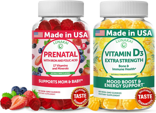 Lunakai 17-in-1 Gummies Prenatales y Gummies de Vitamina D3 – 2 x 60 unidades