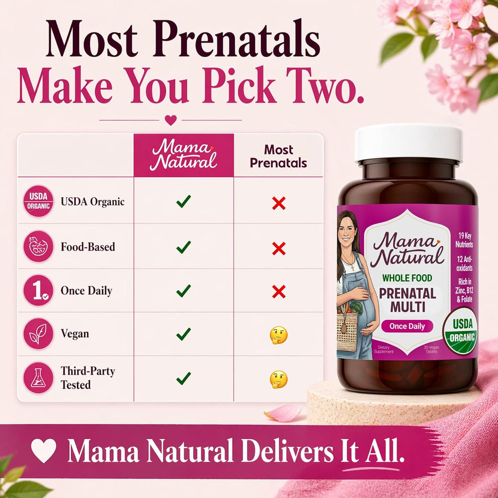 Vitaminas Prenatales Orgánicas Mama Natural - 30 Dosis, Vegano, Sin Gluten, Con Folato
