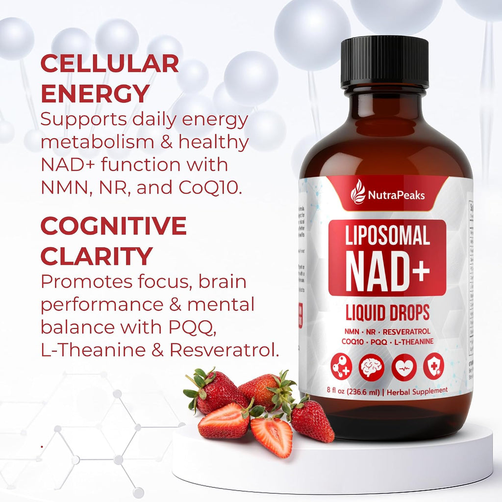 NutraPeaks NAD+ Complex Líquido - 1000mg con Nicotinamida Ribósido, NMN, Resveratrol, PQQ - 30 Stick Packs Sabor Berry