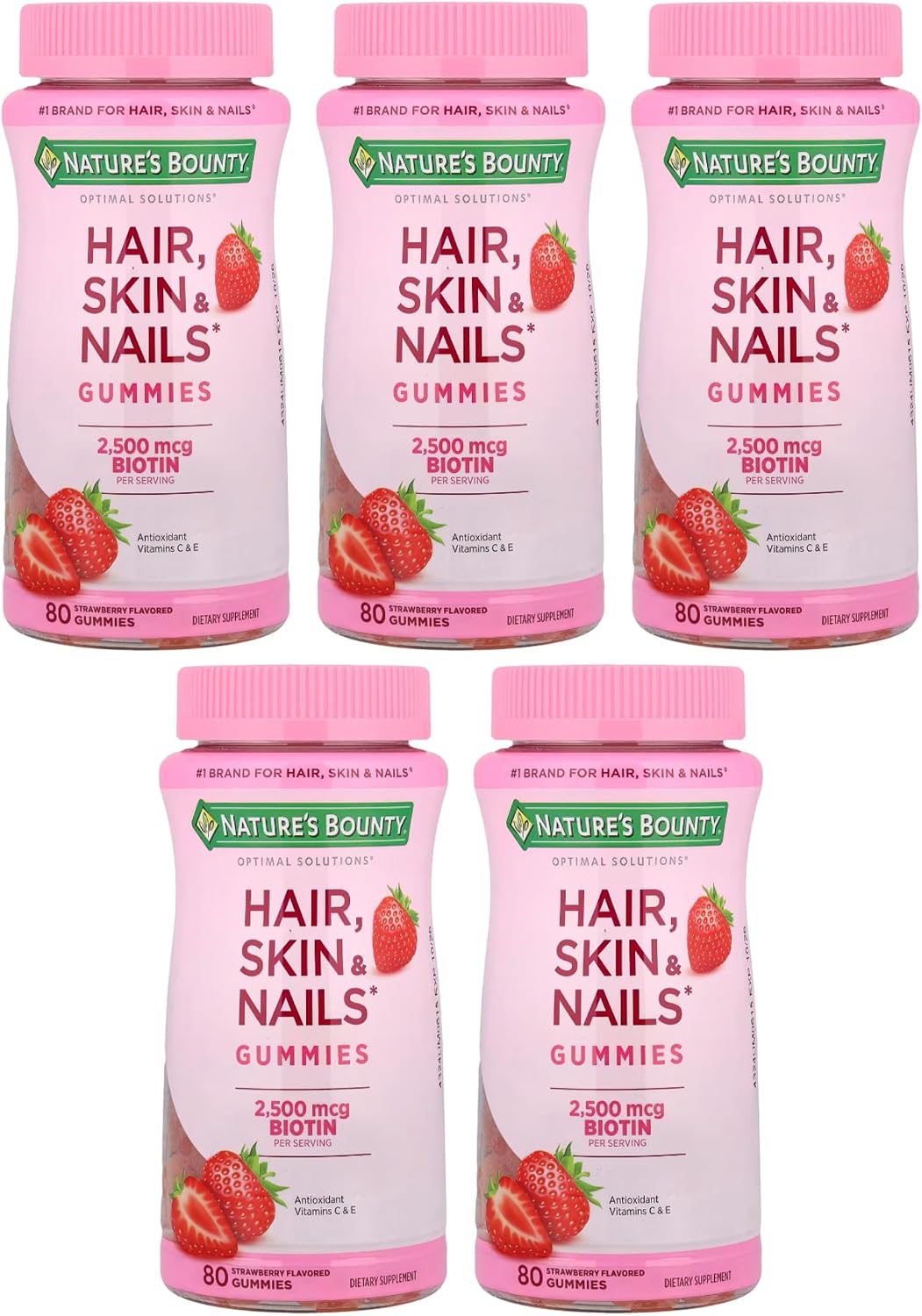 Nature's Bounty Optimal Solutions Gominolas para Cabello, Piel y Uñas con Biotina 2500 mcg - Sabor Fresa, 180 unidades
