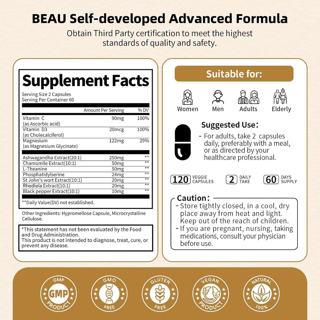 BBEEAAUU Suplemento de Cortisol 10-en-1 con Ashwagandha, Magnesio y L-Teanina - 120 Cápsulas