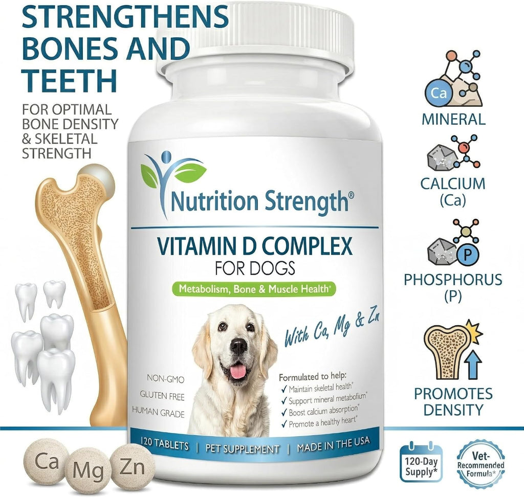 Nutrition Strength Vitamina D para Perros con Calcio, Magnesio y Zinc - 120 Comprimidos Masticables