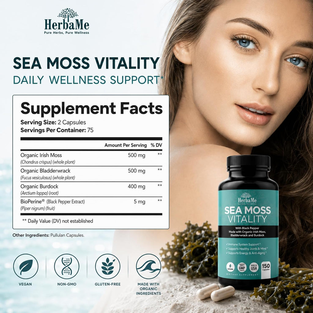 HerbaMe Musgo de Mar Orgánico con Bladderwrack, Bardana y Pimienta Negra - 150 Cápsulas Vegetales