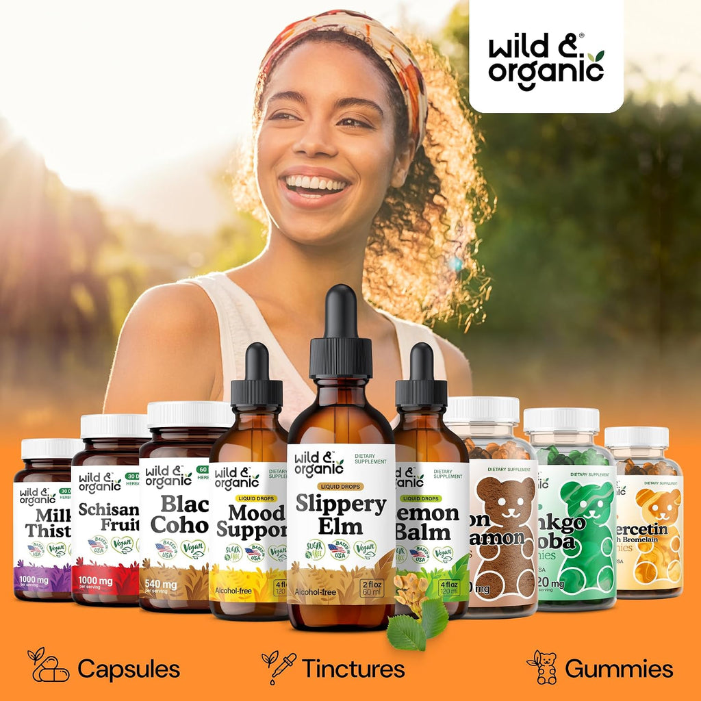 Wild & Organic Gotas de Olmo Resbaladizo - Extracto Líquido de Corteza de Ulmus Rubra - Sin Alcohol, Vegano - 2 fl oz