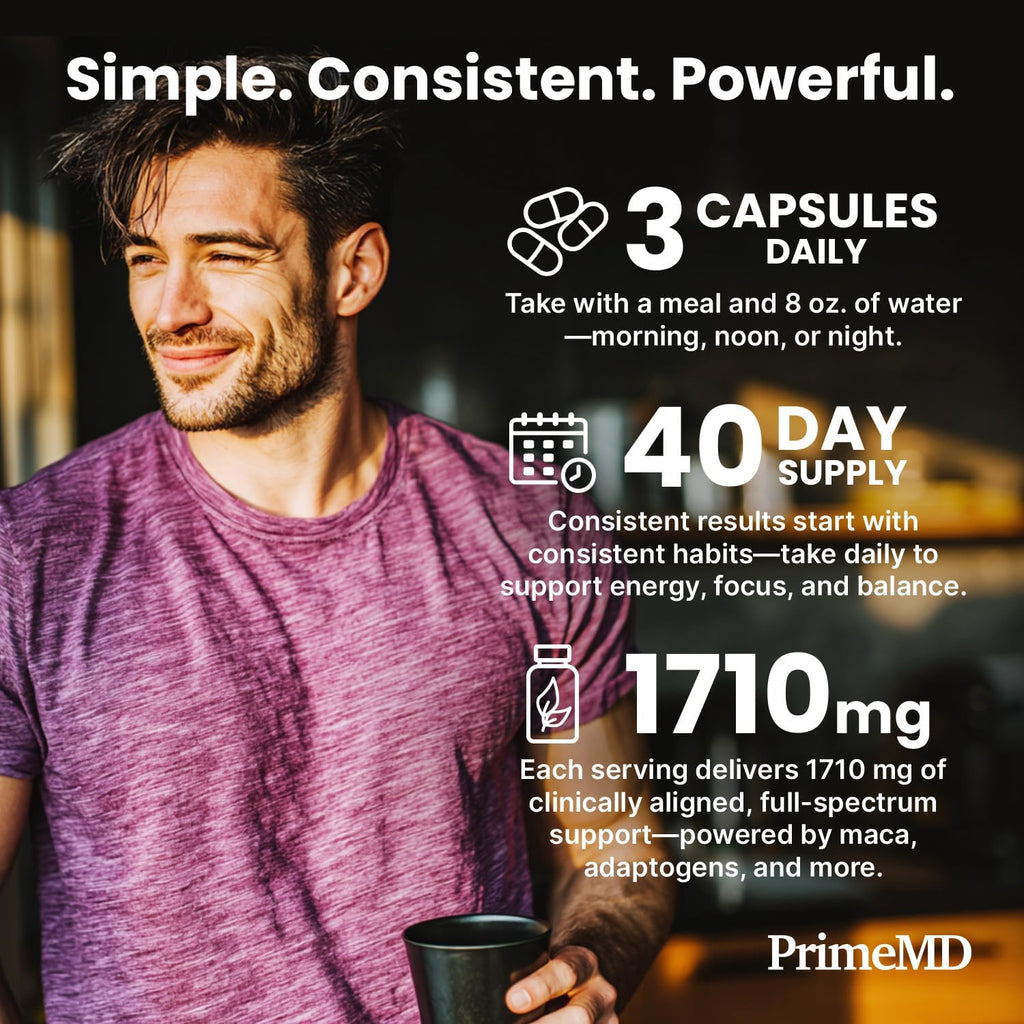 PrimeMD 6 en 1 Maca orgánica, Ashwagandha y DHEA en cápsulas 1710 mg con extracto de pimienta negra - Suplemento de maca negra para hombres y mujeres, 120 cápsulas (Pack de 3)