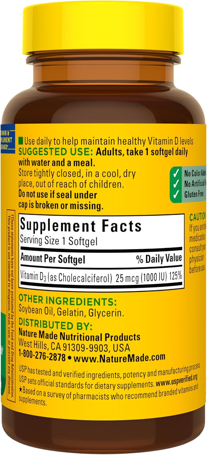 Nature Made Vitamin D3 1000 IU (25 mcg) - Supplement for Bone, Teeth, Muscle & Immune System Support - 100 Softgels