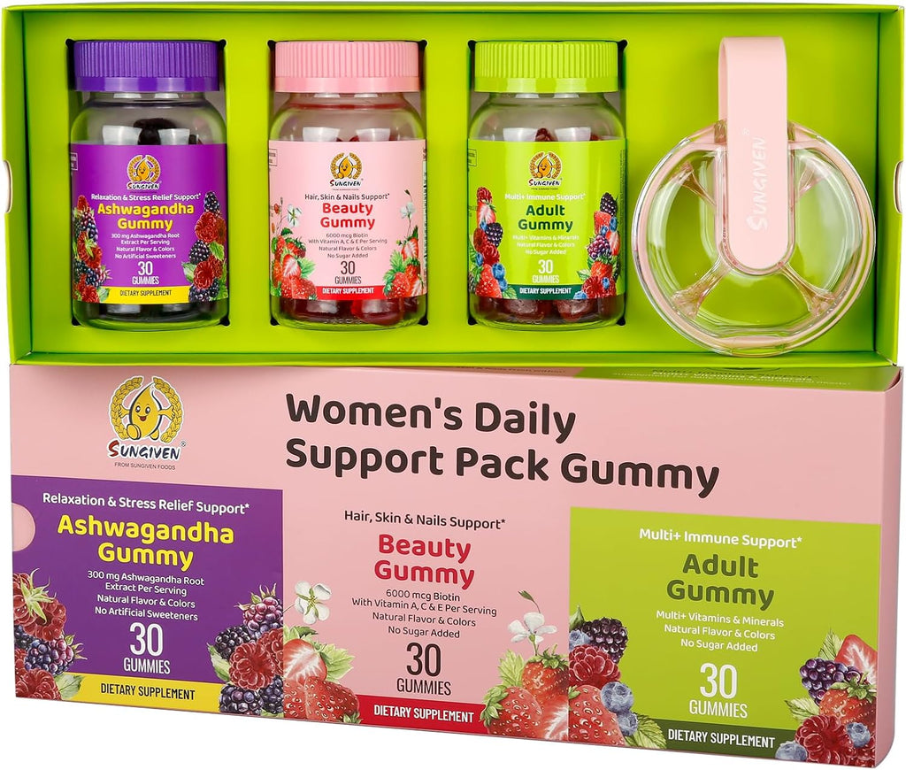 Women's Multivitamin Gummy Pack, 3 Support for Hair Skin Nails Sleep Daily Health, Vitamins A, D, C, E, Biotin, Ashwagandha, Folic Acid, Adult Chewable Vitamin, Berry Flavor, 15 Day Supply - 90 Count