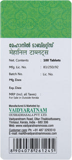 VAIDYARATNAM Mehanil Tablets - 100 Comprimidos con Pachak Methi Gratis