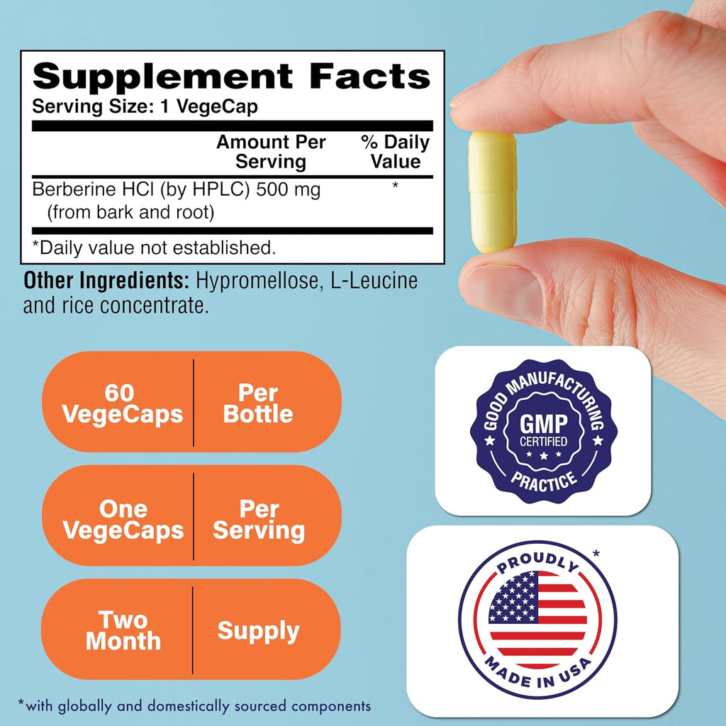 Health Thru Nutrition Berberine HCl 500mg 60 Cápsulas | Suplemento de Alta Potencia | Vegano | Sin OGM | Sin Soja | Probado por Terceros